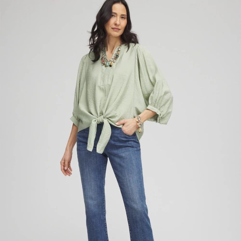 LIKE NEW CHICO’S Tie Front Bubble Sleeve Blouse- Sage